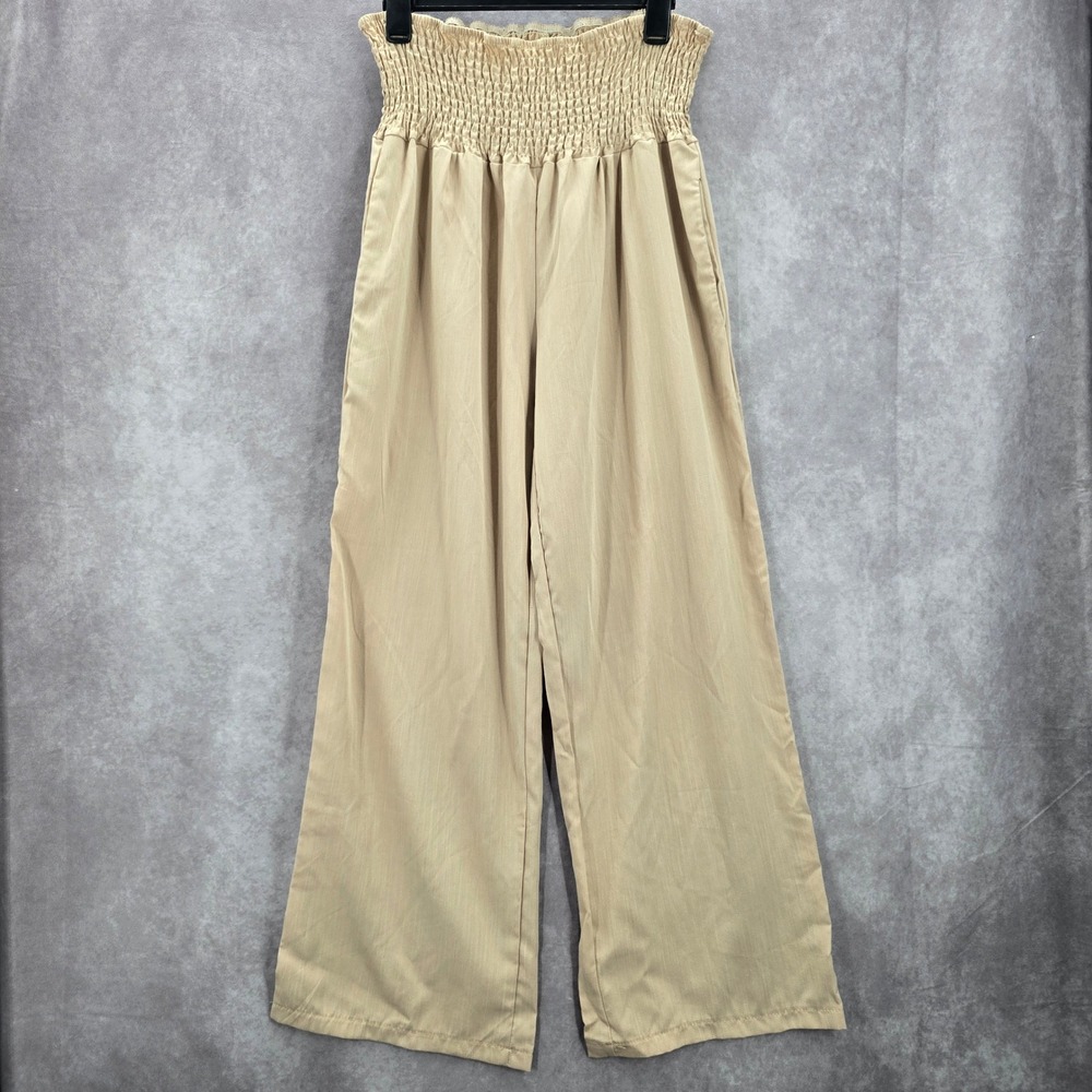 Cream Tan Smock High Rise Wide Leg Pocket Flowy Boho Dress Pants Plus 2XL